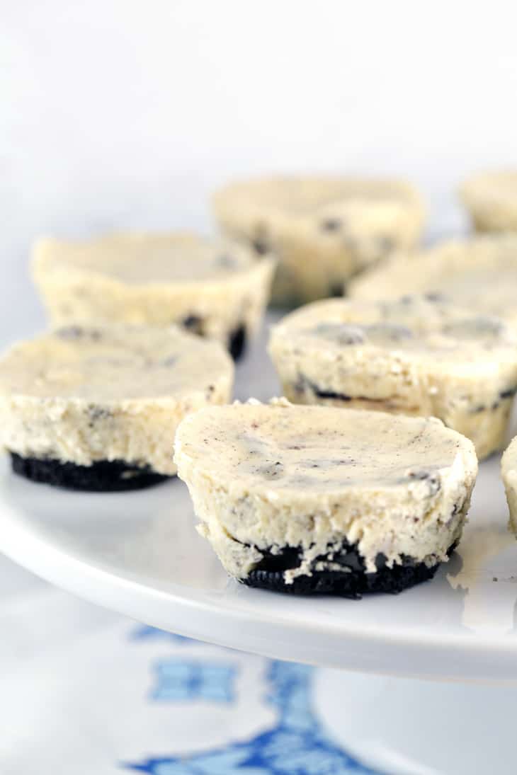 Oreo Cookies & Cream Mini Cheesecakes: rich and decadent cheesecakes with an Oreo cookie for the crust. Perfectly packaged individual cheesecakes for parties and sharing. {Bunsen Burner Bakery} #cheesecake #oreocheesecake #minicheesecake #partydesserts