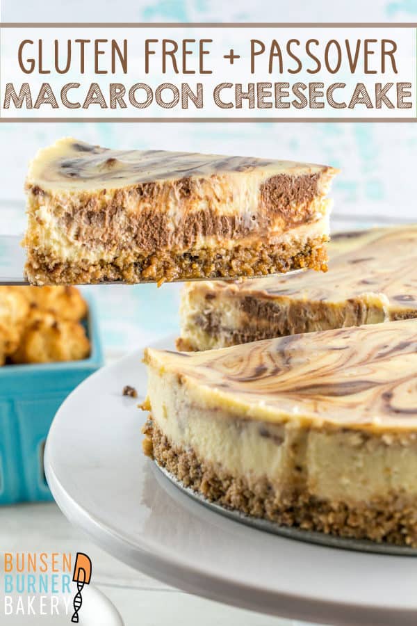 Gluten Free Macaroon Crust Cheesecake: rich chocolate swirled cheesecake with a coconut macaroon crust. Perfect for Passover seders or as a gluten free dessert option! 