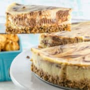 Gluten Free Macaroon Crust Cheesecake: rich chocolate swirled cheesecake with a coconut macaroon crust. Perfect for Passover seders or as a gluten free dessert option! #bunsenburnerbakery #cheesecake #passover #glutenfree