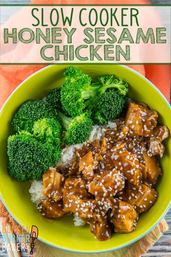 Slow Cooker Honey Sesame Chicken: an easy sweet and spicy chicken recipe made right in your crockpot. #bunenburnerbakery #slowcooker #crockpot #dinners #glutenfree