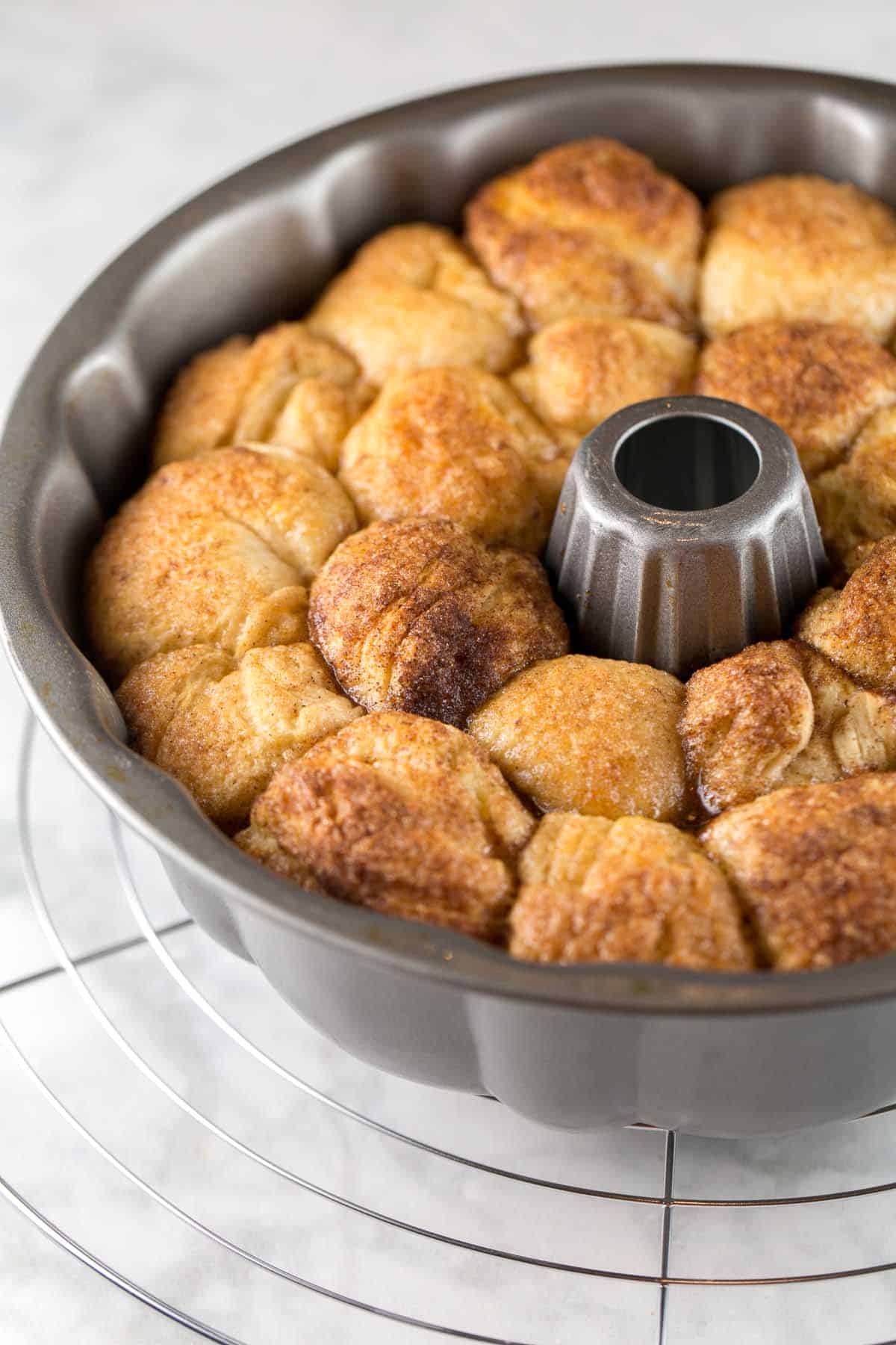 baked chocolate monkey bread still in the bundt pan.