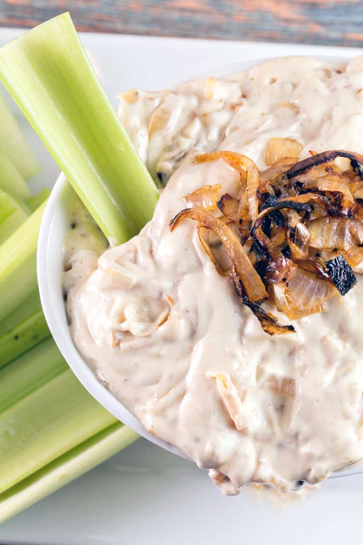 Caramelized Onion Dip: Skip the canned onion dip and make your own from scratch. Slowly caramelized onions mixed with cream cheese, sour cream, and mayonnaise combine to make the ultimate party dip. {Bunsen Burner Bakery}