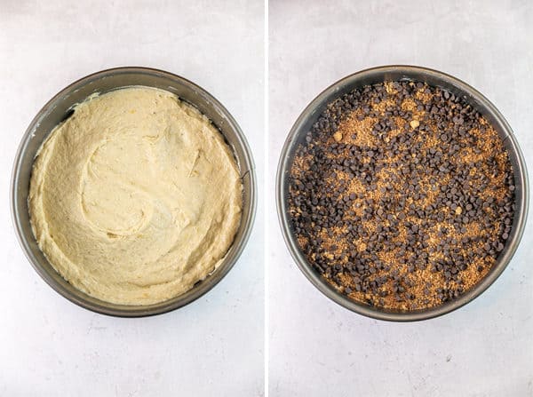 side by side photos of banana cake batter in a springform pan and the batter covered with chocolate chip streusel