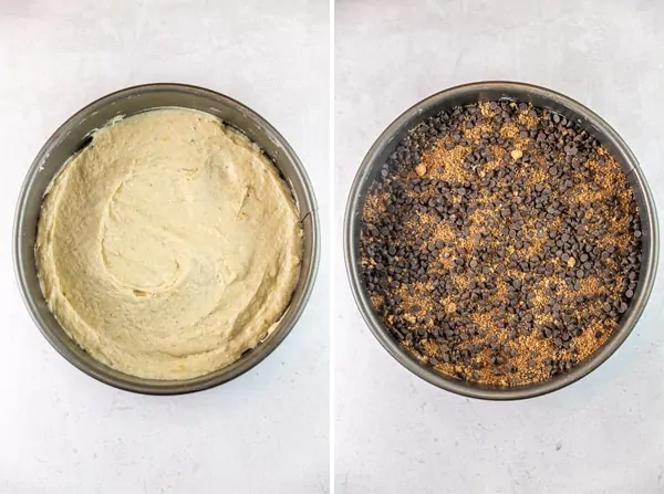 side by side photos of banana cake batter in a springform pan and the batter covered with chocolate chip streusel
