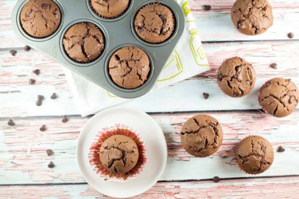 Chocolate Chocolate Chip Muffins: rich and decadent, this is a muffin that's really a dessert in disguise. Chocolate for breakfast? Yes, please! #bunsenburnerbakery #muffins #chocolatemuffins #breakfast #dessert