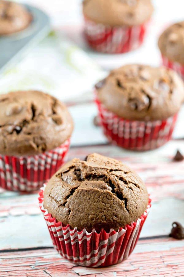 Chocolate Chocolate Chip Muffins: rich and decadent, this is a muffin that's really a dessert in disguise. Chocolate for breakfast? Yes, please! #bunsenburnerbakery #muffins #chocolatemuffins #breakfast #dessert