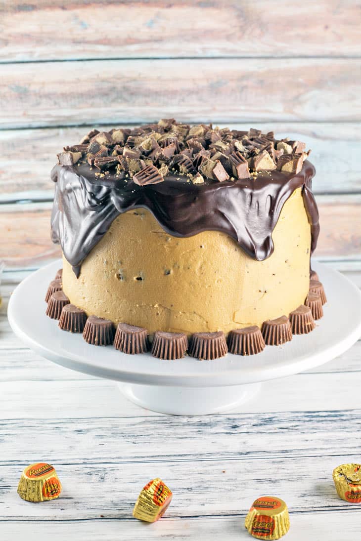 Chocolate Peanut Butter Cup Cake: Chocolate cake, peanut butter frosting, chocolate ganache, peanut butter cups. This Peanut Butter Cup Cake is a chocolate and peanut butter lover's dream. {Bunsen Burner Bakery}