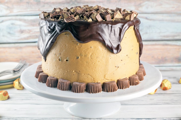 Chocolate Peanut Butter Cup Cake: Chocolate cake, peanut butter frosting, chocolate ganache, peanut butter cups. This Peanut Butter Cup Cake is a chocolate and peanut butter lover's dream. {Bunsen Burner Bakery}