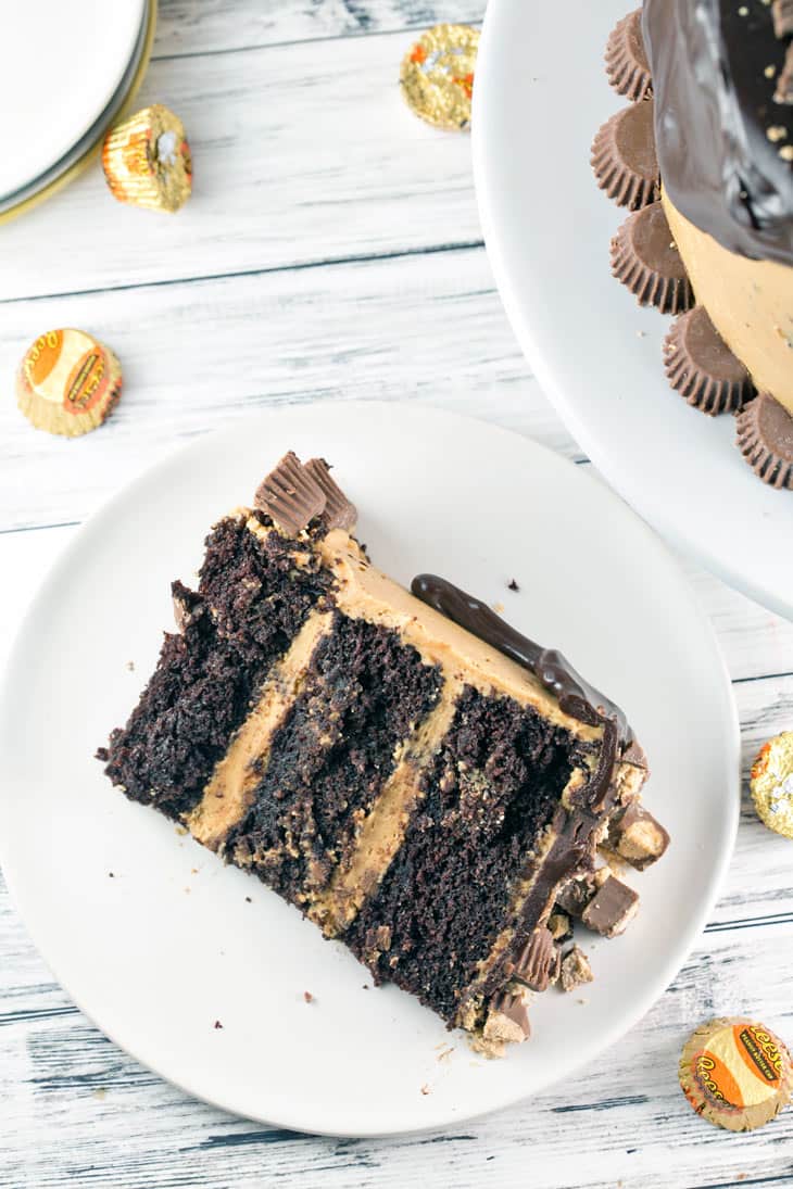 Chocolate Peanut Butter Cup Cake: Chocolate cake, peanut butter frosting, chocolate ganache, peanut butter cups. This Peanut Butter Cup Cake is a chocolate and peanut butter lover's dream. {Bunsen Burner Bakery}