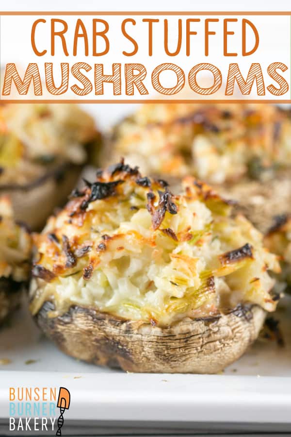 Crab Stuffed Mushrooms: perfect on the grill or baked in the oven, these make-ahead crab stuffed mushrooms are a perfect side or appetizer for your next party.  No breadcrumb filler means they're gluten free, too! #bunsenburnerbakery #appetizers #glutenfree #stuffedmushrooms