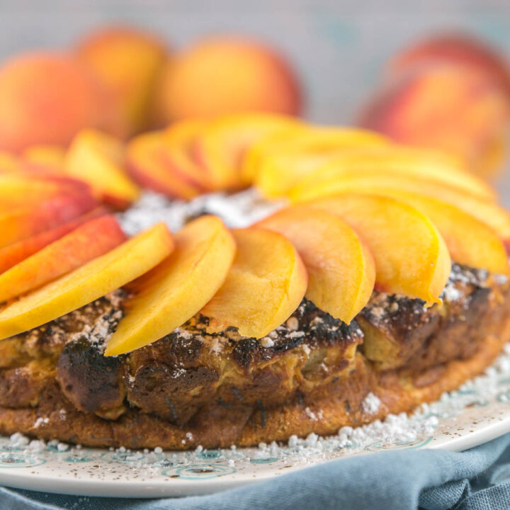 side view of a peach french toast casserole