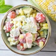 Corn and Tomato Crab Salad: filled with fresh summer corn, tomatoes, and avocado, this crab salad is a great alternative to standard picnic and BBQ sides. {Bunsen Burner Bakery} #crab #corn #tomatoes #picnic #sides #summer