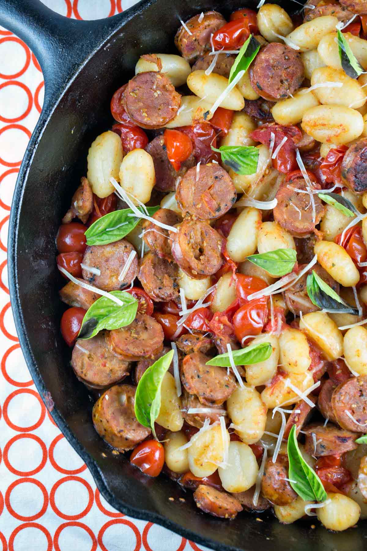 Gnocchi Skillet with Tomatoes and Sausage: easily adaptable for vegetarian, vegan, and gluten free diets, this gnocchi skillet is ready in under 20 minutes. {Bunsen Burner Bakery} #dinner #20minutemeals #glutenfree #vegetarian #vegan #gnocchi