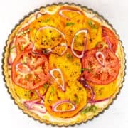 tomato pie with red and yellow tomatoes