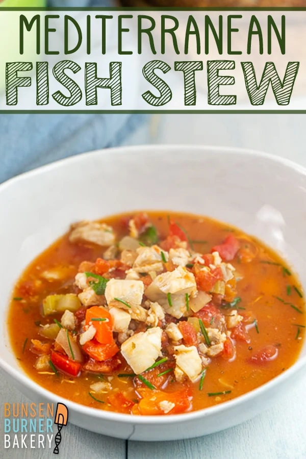 Mediterranean Fish Stew: Quick and easy recipe for fish and vegetables simmered in a tomato broth with Mediterranean herbs. Delicious and gluten free!