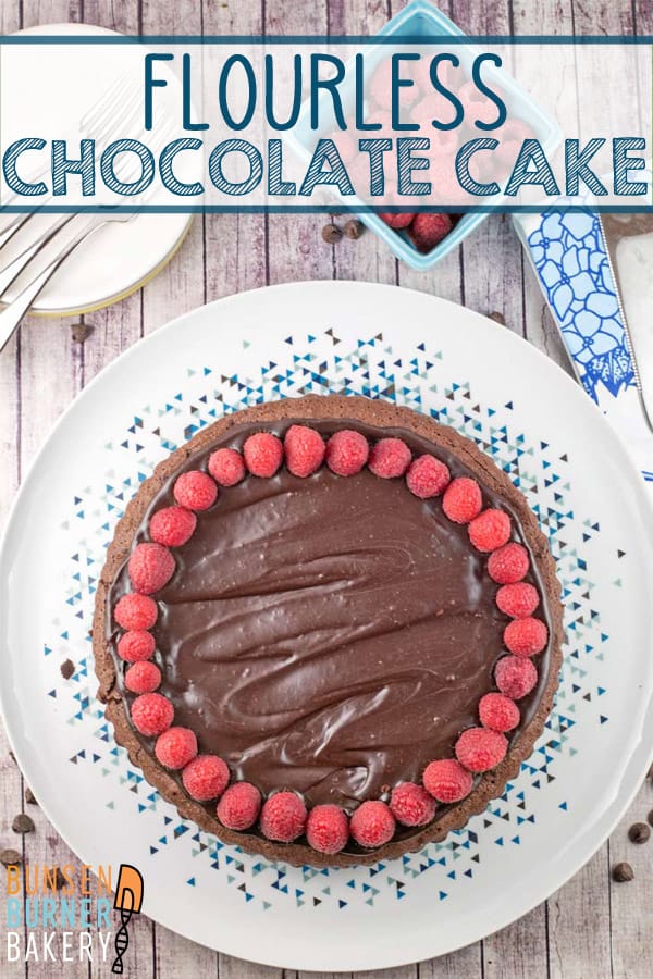 Flourless Chocolate Cake: A rich, mix by hand in one bowl flourless chocolate cake covered with chocolate ganache, perfect for Passover, a gluten-free birthday cake, or just because it’s a Tuesday. #bunsenburnerbakery #chocolatecake #flourlesscake #glutenfree #valentines #passover