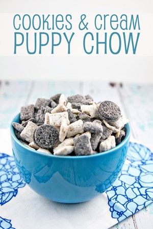 Cookies and Cream Puppy Chow: easy, no-bake, make ahead, and full of Oreos. The perfect party snack! {Bunsen Burner Bakery}