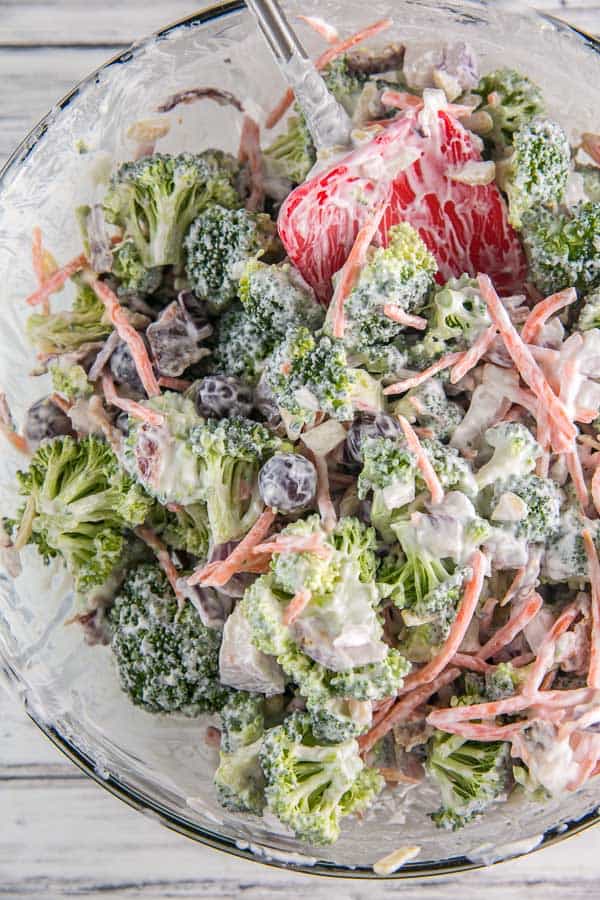 Extra Crunchy Broccoli Salad: easy summer picnic broccoli salad with almonds, bacon, and grapes. Packed full of flavor without all the guilt - no mayo necessary. {bunsenburnerbakery.com} #salad #broccolisalad #picnic