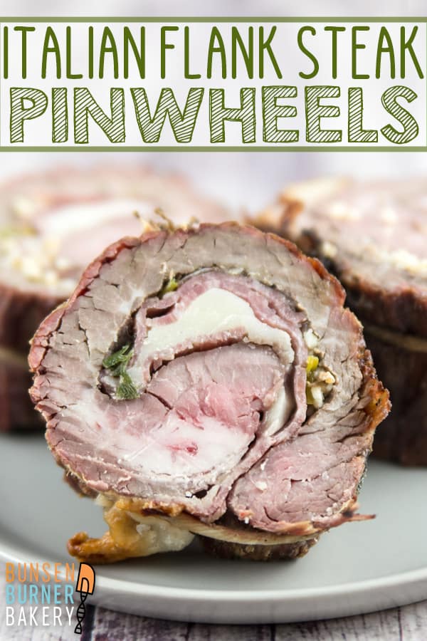 Italian Flank Steak Pinwheels: flank steak stuffed with salami and provolone, rolled tightly, and grilled. #bunsenburnerbakery #flanksteak #steak #grilling