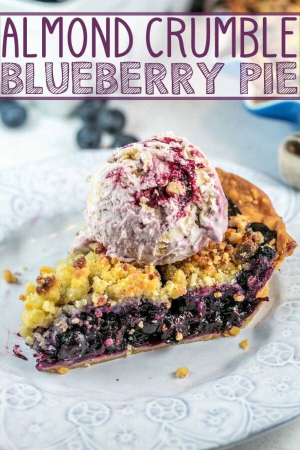 Almond Crumble Blueberry Pie: fresh blueberries covered with a crunchy almond paste crumble. Perfect with fresh summer blueberries... or even use frozen for a delicious year-round pie!