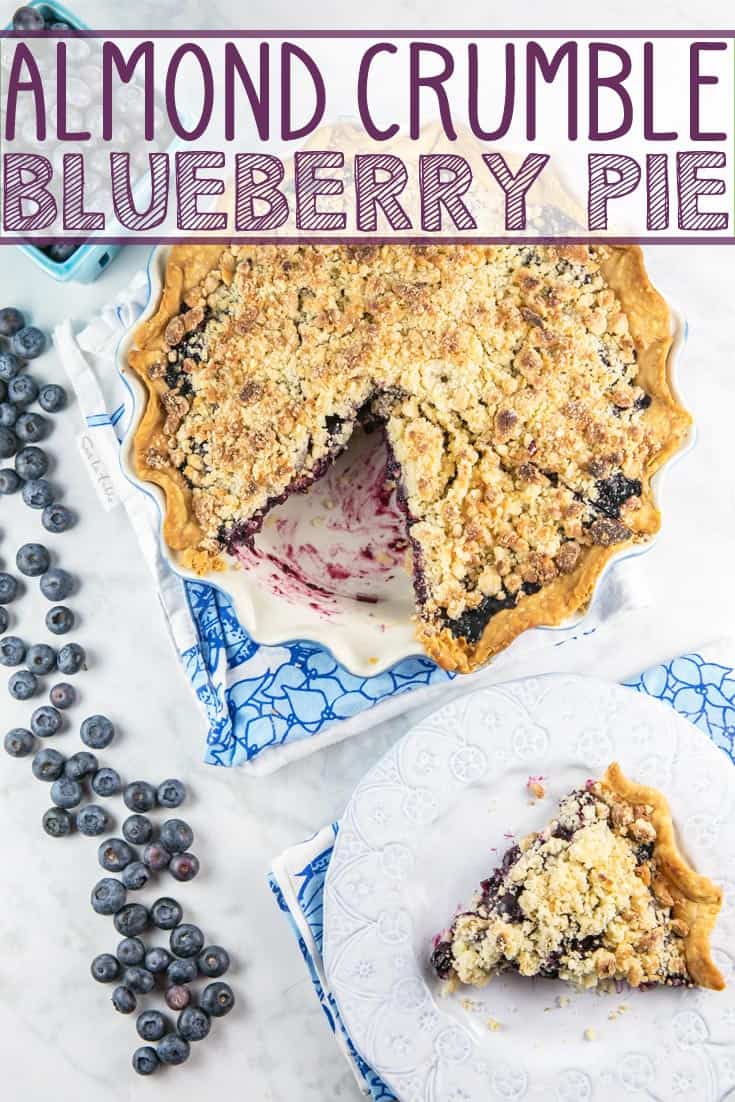 Almond Crumble Blueberry Pie: fresh blueberries covered with a crunchy almond paste crumble. Perfect with fresh summer blueberries... or even use frozen. {Bunsen Burner Bakery} #pie #blueberrypie #almond #fruitpies