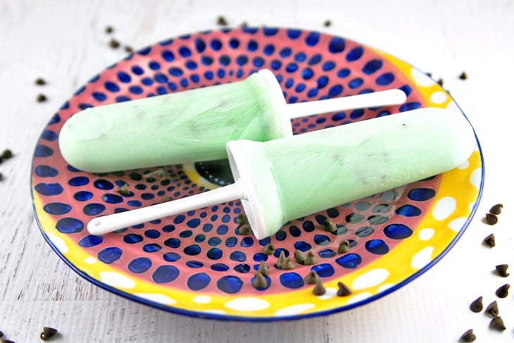 Healthy Mint Chocolate Chip Greek Yogurt Popsicles: plain Greek yogurt, nonfat milk, mint extract, and chocolate chips combine into the perfect healthy anytime snack. {Bunsen Burner Bakery}