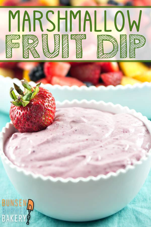 Marshmallow Fruit Dip: This classic homemade recipe for fruit dip is made from scratch - no fluff necessary!  Made with cream cheese and pureed strawberries to cut the artificial sweetness. #bunsenburnerbakery #fruitdip #fruitsalad