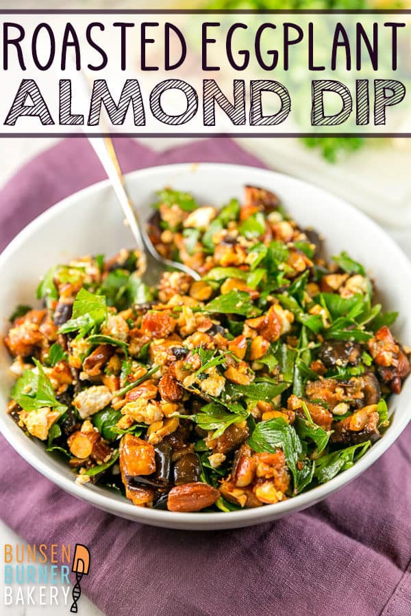 Roasted Eggplant and Smoked Almond Dip: Think outside the typical dip box, with this delicious gluten free and vegetarian dip made from roasted eggplants, smoked almonds, goat cheese, and parsley with a honey vinegar dressing. Also delicious as a side or a salad!