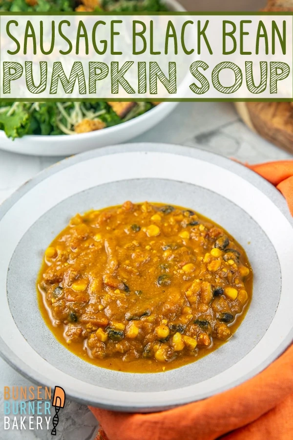 An easy, hearty gluten free pumpkin, sausage, and black bean soup, perfect for cold winter nights. Make a double batch and freeze the leftovers!