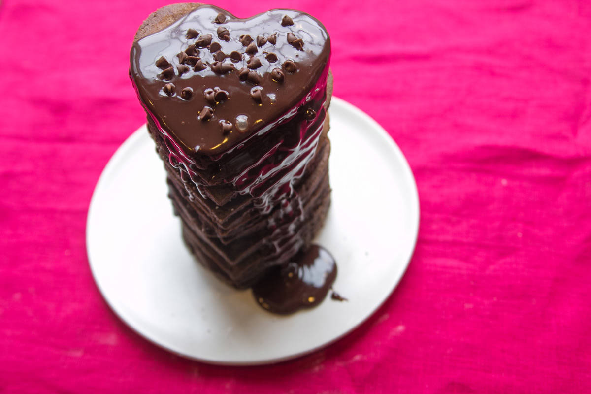 Chocolate Pancakes with Peanut Butter Ganache: Show someone you love them with this decadent breakfast. {Bunsen Burner Bakery}