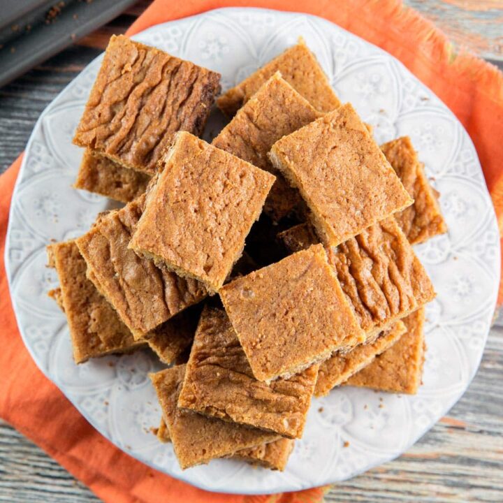 pile of butterscotch blondies on a plate