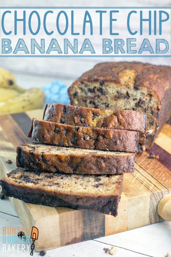 Chocolate Chip Banana Bread: A simple, delicious banana bread, full of chocolate chips and sprinkle of hazelnuts. Ultimate comfort in the form of a quick bread. #bunsenburnerbakery #bananabread #quickbread