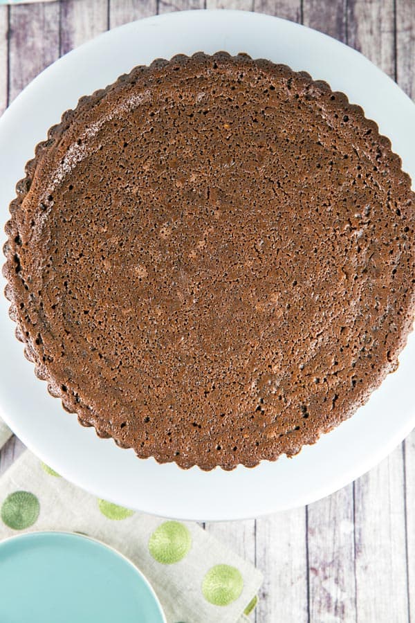 overhead view of a chocolate buttermilk pie with an oreo cookie crust