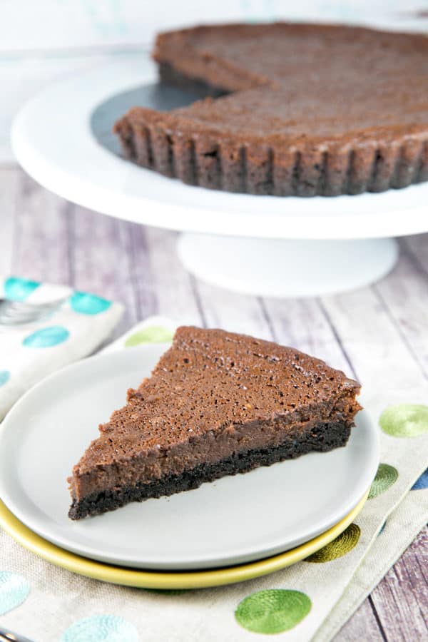 chocolate buttermilk pie with oreo crust baked in a tart pan