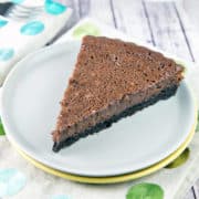 Chocolate Buttermilk Pie: sweet, custardy, and insanely chocolatey. This pie is worthy of a special event, but easy enough for a Tuesday. #bunsenburnerbakery #pie #chocolatepie #buttermilkpie #oreocrust