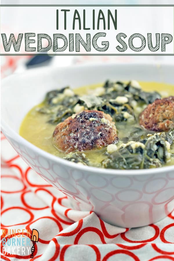 Italian Wedding Soup: a delicious, comforting favorite, made with things already found in your freezer and pantry. #bunsenburnerbakery #soup #italianweddingsoup #meatballs