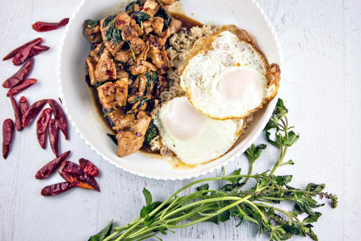 Thai Chicken with Holy Basil (pa kra pao gai): Stir fried chicken and holy basil combine quickly into a delicious sweet and spicy dish -- Thailand's most popular street food! {Bunsen Burner Bakery}