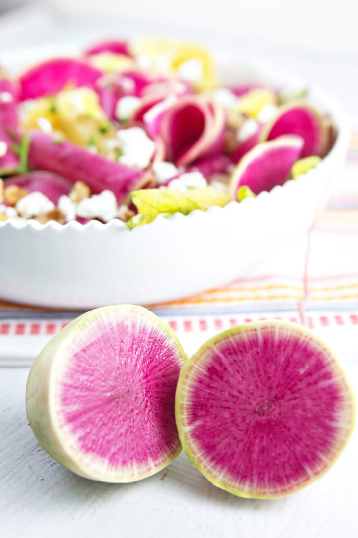 Watermelon Radish and Citrus Salad: thinly sliced watermelon radishes paired with winter citrus, candied walnuts, and tangy goat cheese make a beautiful spring salad. {Bunsen Burner Bakery}