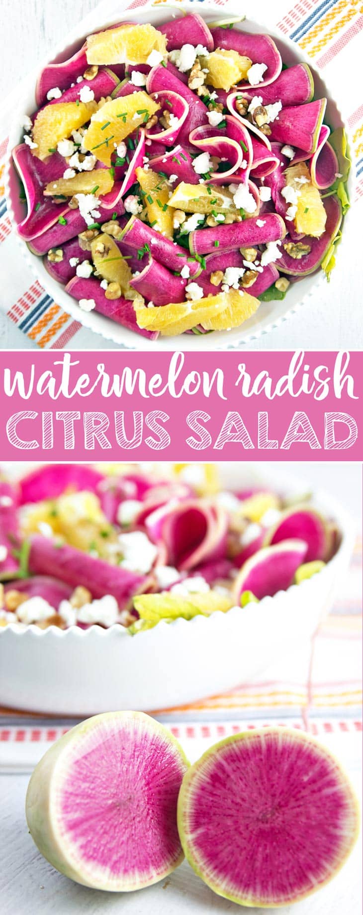 Watermelon Radish and Citrus Salad: thinly sliced watermelon radishes paired with winter citrus, candied walnuts, and tangy goat cheese make a beautiful spring salad. {Bunsen Burner Bakery}