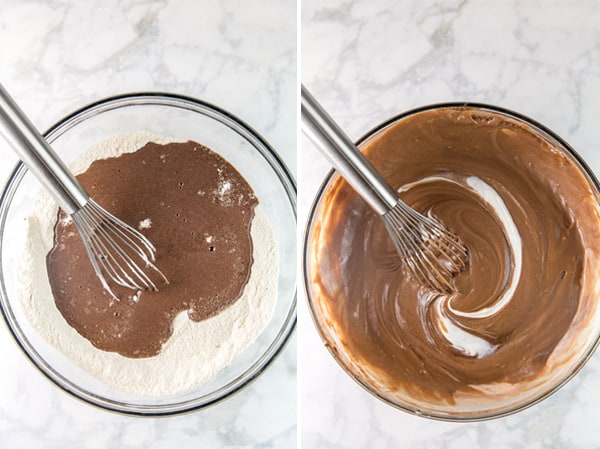 side by side photos showing a mixing bowl with dry ingredients and the melted butter and cocoa powder poured in and the second image showing them mixed together with a swirl of greek yogurt