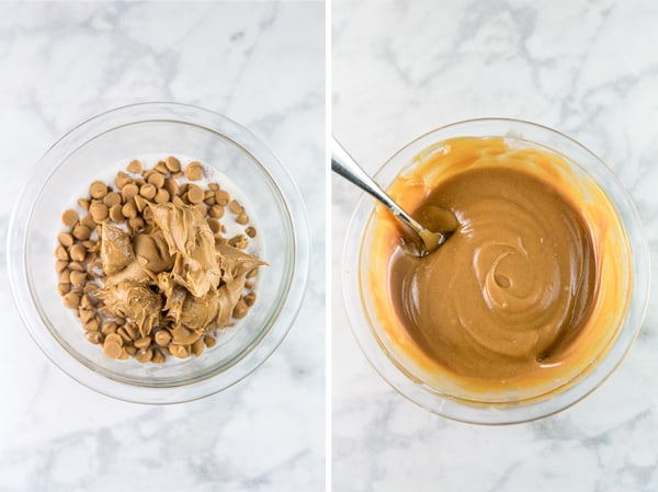 diptych showing a glass mixing bowl with heavy cream, peanut butter chips, and peanut butter in one panel and the other panel shows the ingredients melted together and mixed until smooth as peanut butter ganache