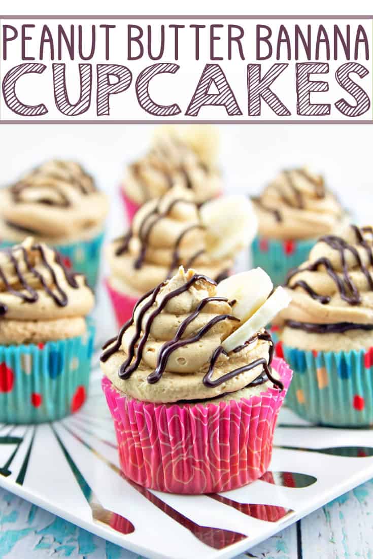 Peanut Butter Banana Cupcakes: Banana cupcakes filled with chocolate ganache and covered with fluffy peanut butter buttercream frosting. {Bunsen Burner Bakery} #cupcakes #banana #peanutbutter #bananacupcakes