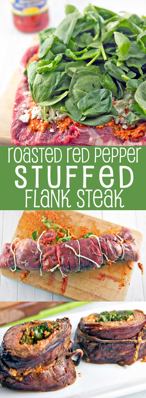 Roasted Red Pepper Stuffed Flank Steak: Stuck in a grilling rut? Shake things up with the bold, bright flavors of a Mediterranean-inspired stuffed flank steak, starring roasted red pepper pesto, feta, and spinach. #ad https://ooh.li/21ca3ca