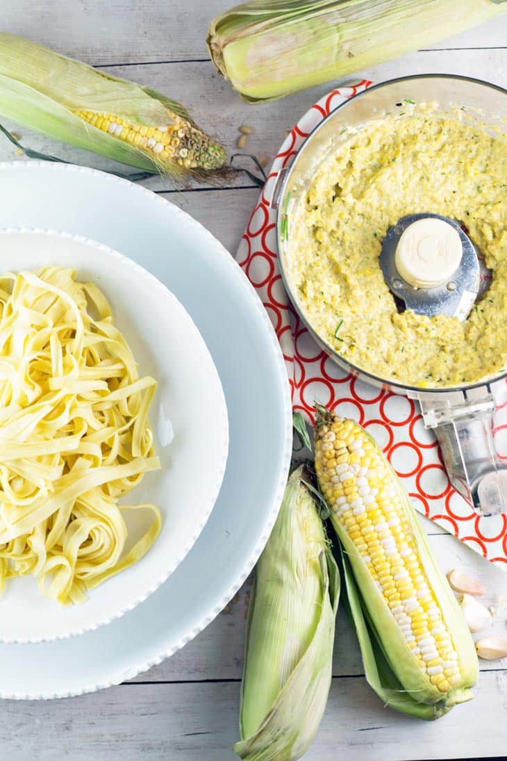 Fettuccine with Corn Pesto: pair fresh pasta with pesto made from sweet summer corn for a delicious, unexpected twist.  {Bunsen Burner Bakery}