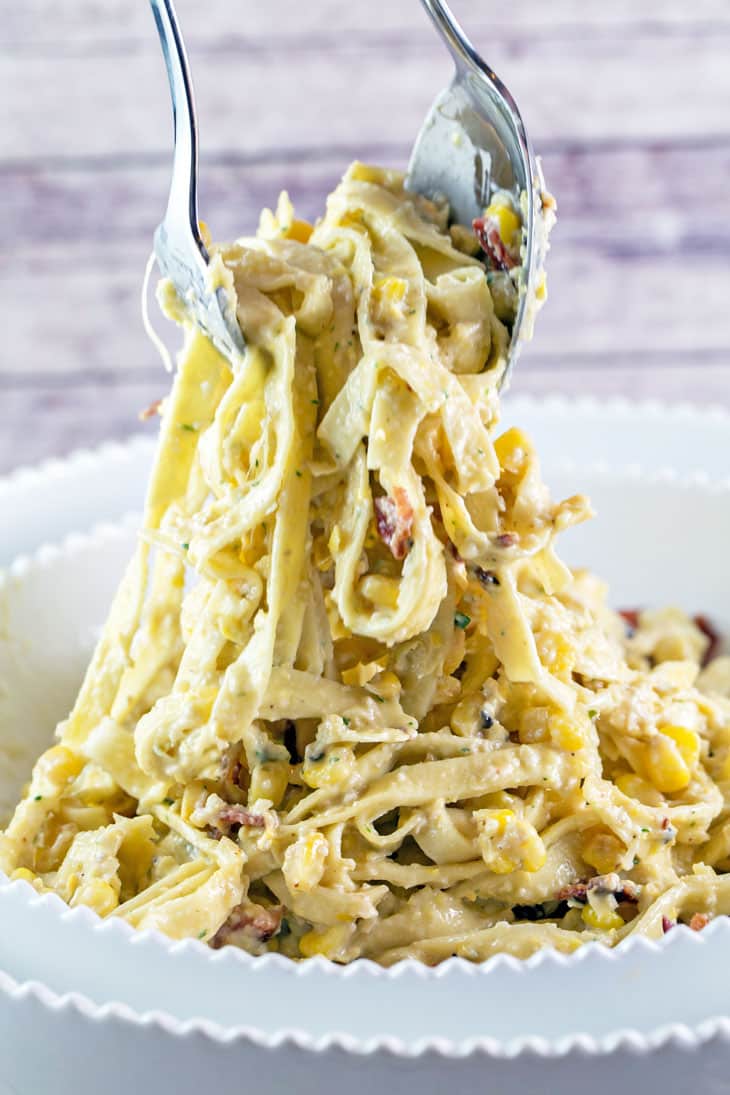 Fettuccine with Corn Pesto: pair fresh pasta with pesto made from sweet summer corn for a delicious, unexpected twist.  {Bunsen Burner Bakery}