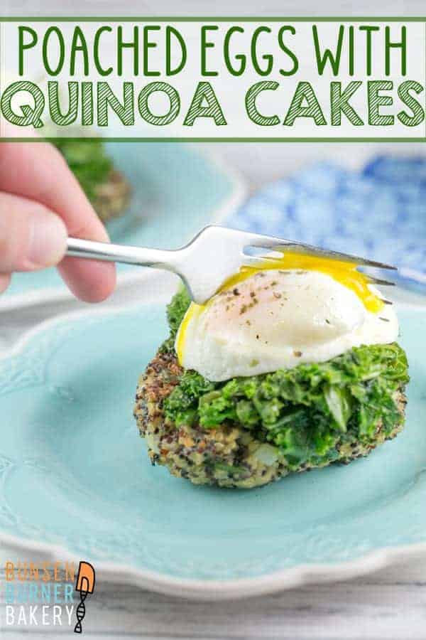 Quinoa Cakes with Poached Eggs: Easy, freezer friendly quinoa cakes, topped with a pile of fresh kale and poached eggs.