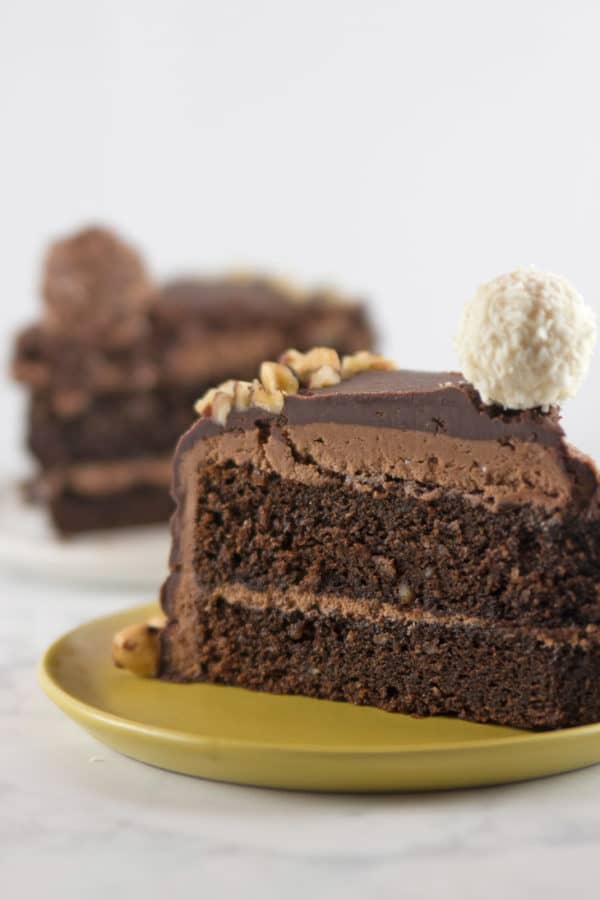 Chocolate Hazelnut Cake: two layers of rich chocolate cake, sandwiched between layers of fluffy Nutella buttercream, topped with chocolate ganache and chopped hazelnuts.  {Bunsen Burner Bakery}