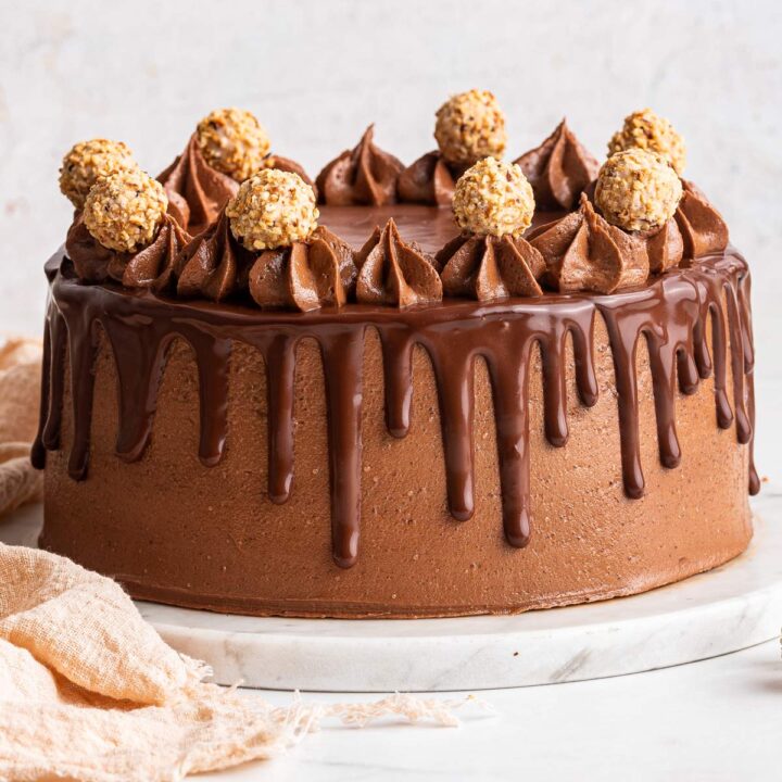 two layer chocolate hazelnut cake with nutella buttercream frosting.
