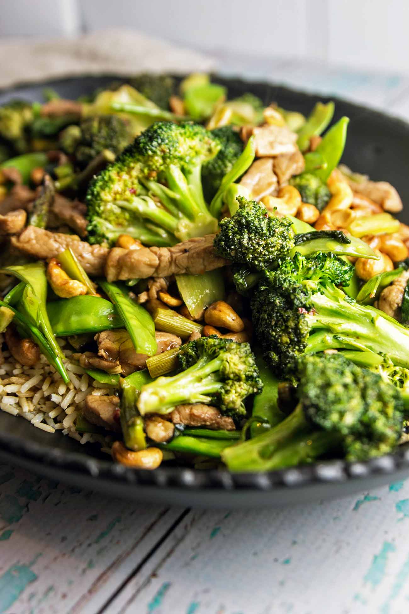 Pork Stir Fry with Cashews: fresh vegetables, crunchy cashews, and marinated pork tenderloin. A delicious, vegetable-heavy dinner, on your table in under 30 minutes. {Bunsen Burner Bakery}