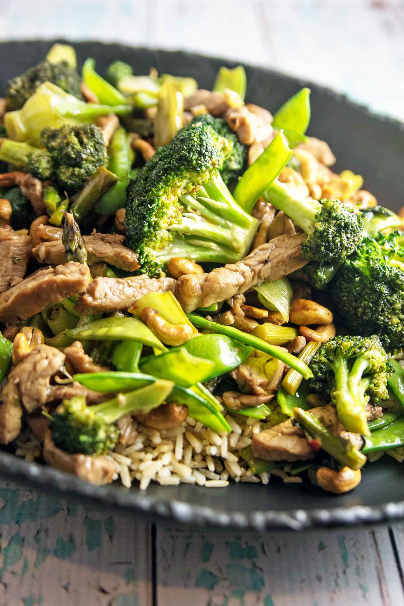 Pork Stir Fry with Cashews: fresh vegetables, crunchy cashews, and marinated pork tenderloin. A delicious, vegetable-heavy dinner, on your table in under 30 minutes. {Bunsen Burner Bakery}